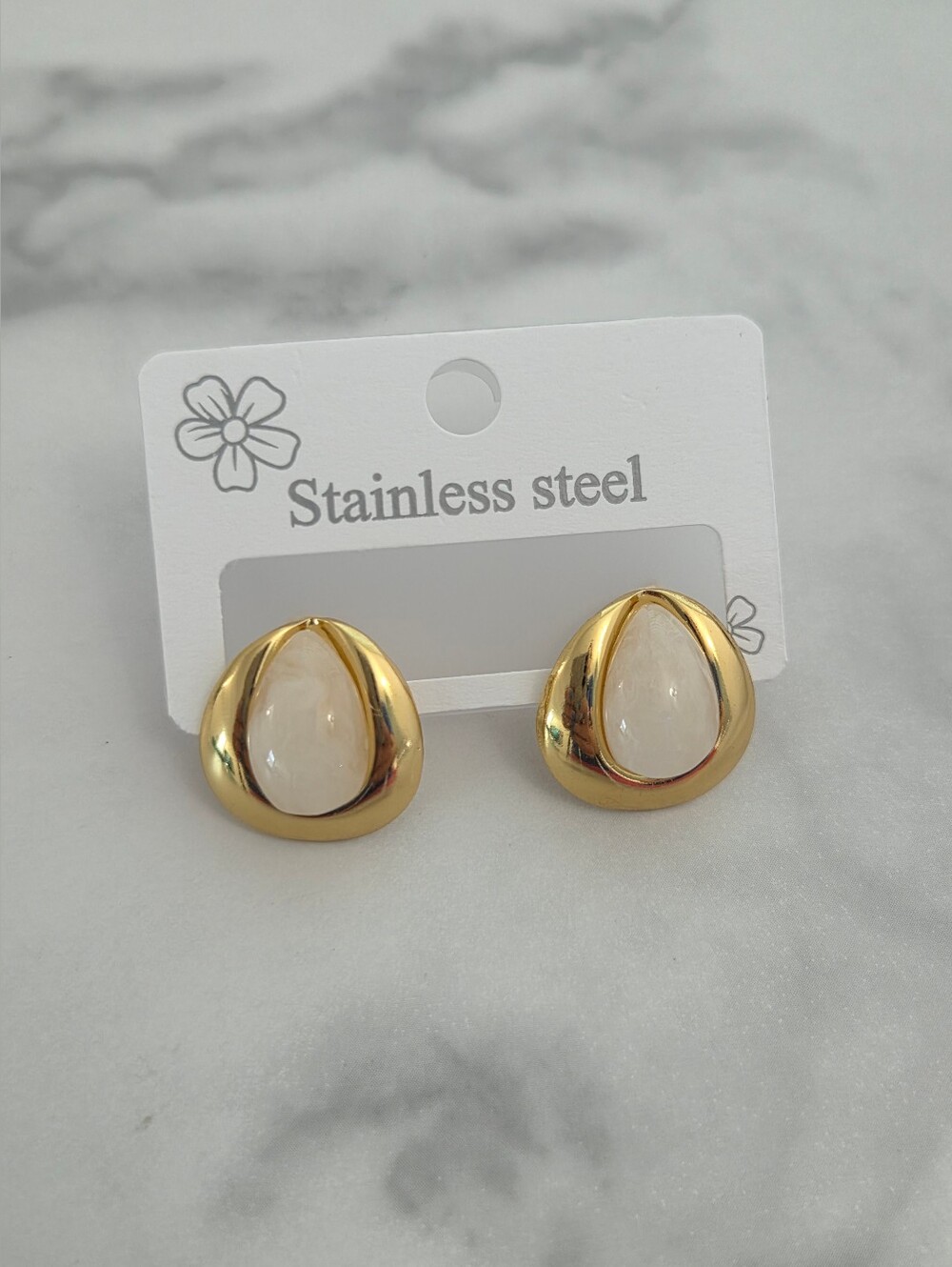 Stainless Steel Gold Tear Drop Earrings White Marble Resin Chic Minimalist - Picture 3 of 14